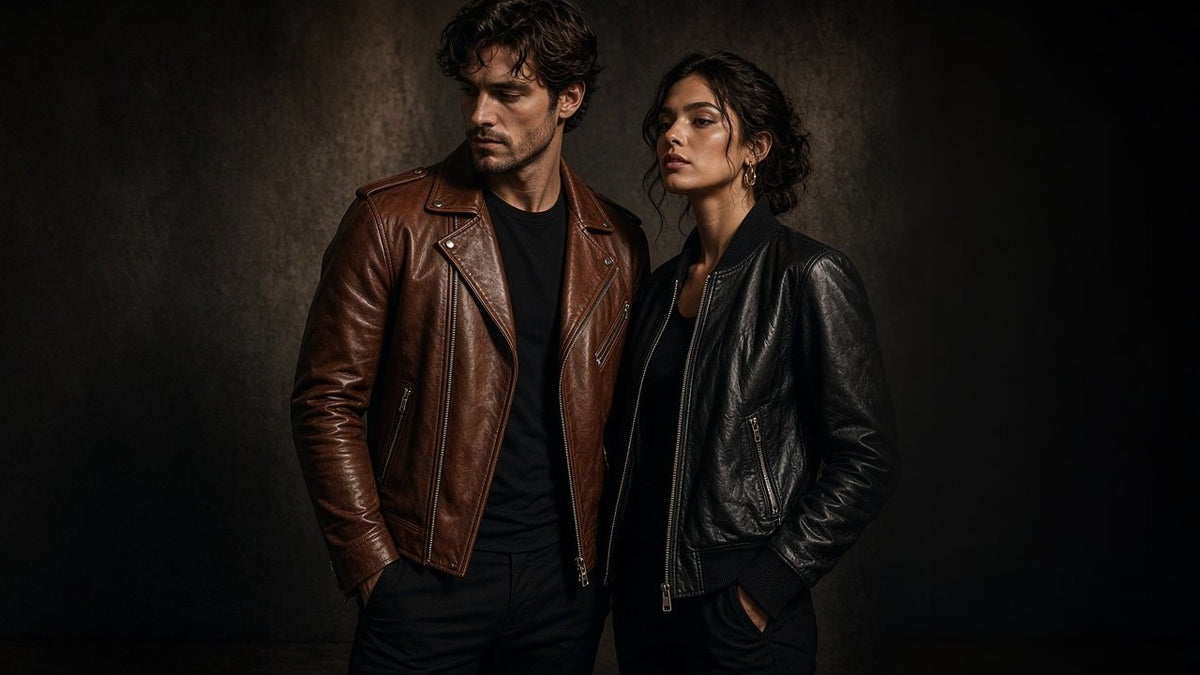Man and woman wearing custom genuine leather jackets