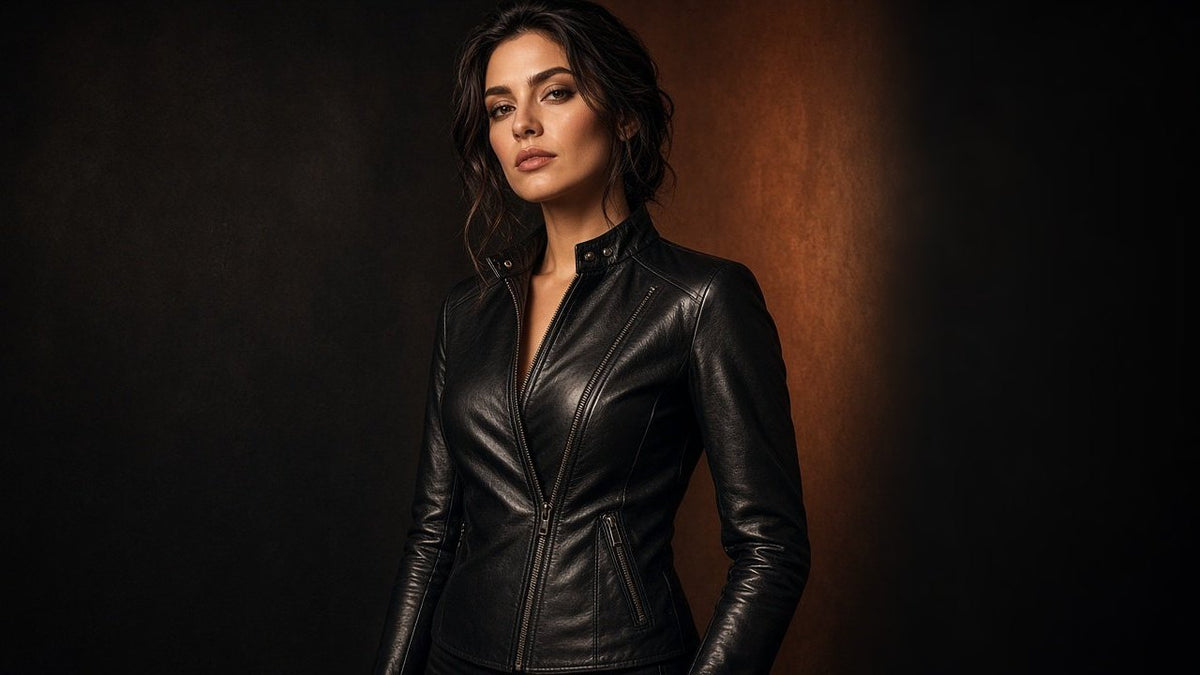 Woman wearing a custom genuine leather jacket - women's leather jackets collection